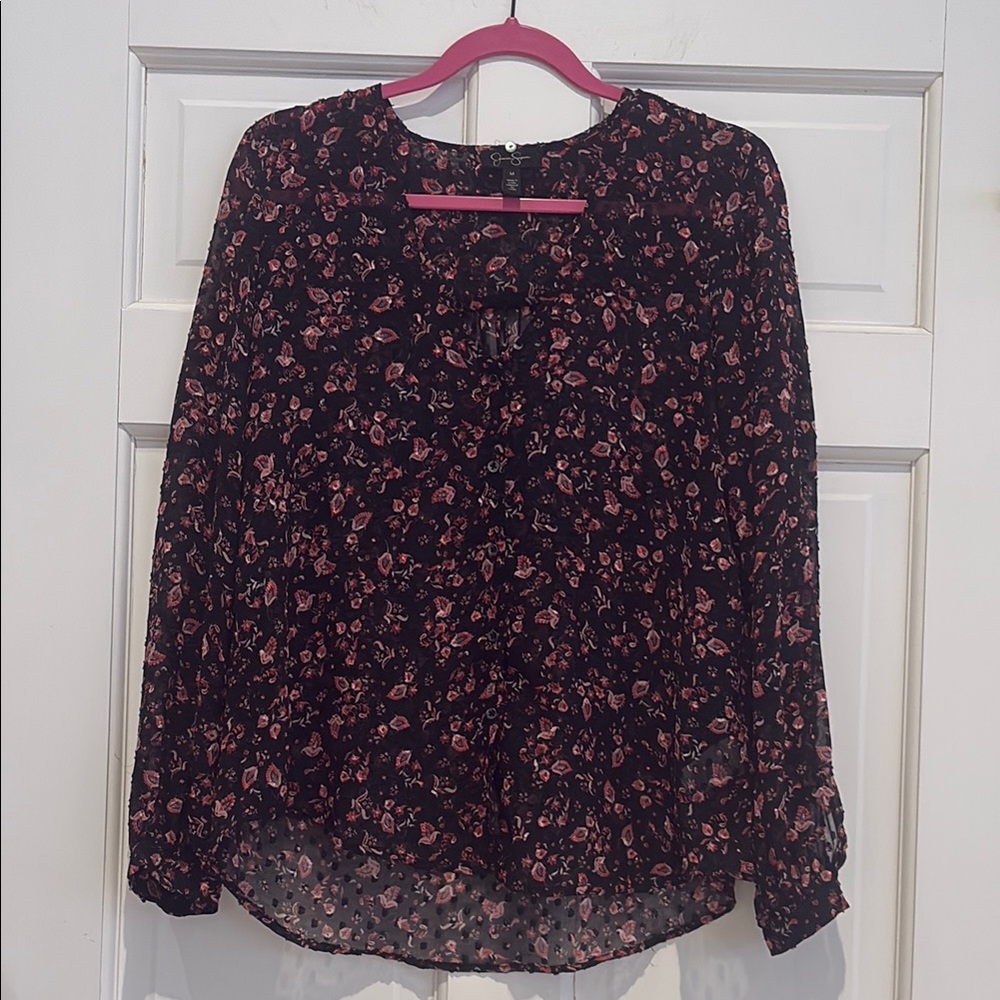 Jessica Simpson Floral Black and Pink Women's Sheer Top, 2pc Shirt with Neck Tie